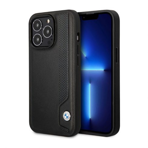 BMW Leather Blue Dots - etui za iPhone 14 Pro Max (črn)