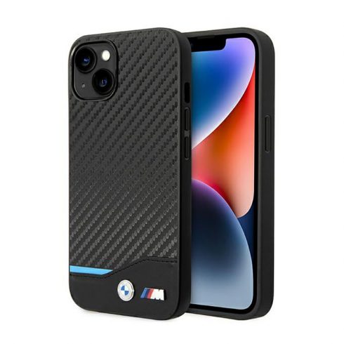 BMW Leather Carbon Blue Line - etui za iPhone 14 Plus (črn)