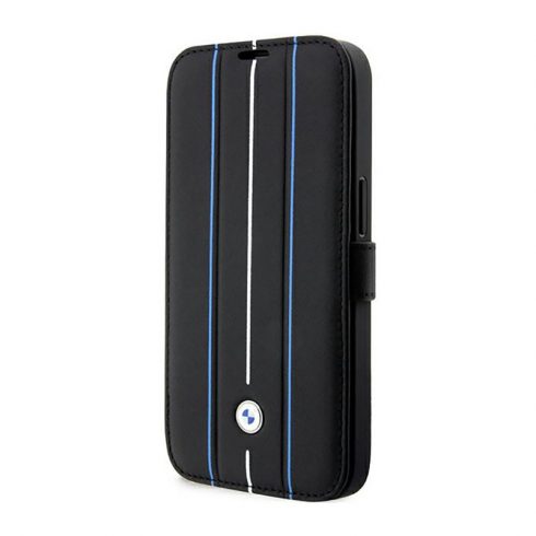 BMW Booktype Leather Stamp Blue Lines - etui za iPhone 14 Pro (črn)