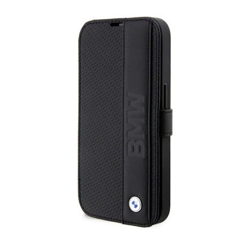 BMW Booktype Leather Textured & Stripe - etui za iPhone 14 Pro Max (črn)