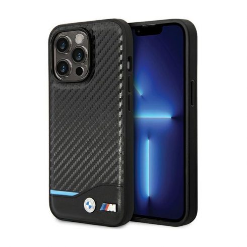 BMW Leather Carbon Blue Line - etui za iPhone 13 Pro (črn)