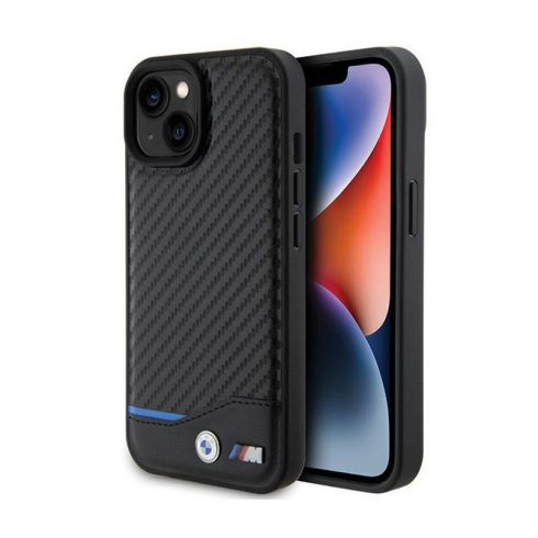 BMW Leather Carbon Blue Line - etui za iPhone 15 (črn)