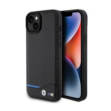 BMW Leather Carbon Blue Line - etui za iPhone 15 Plus (črn)