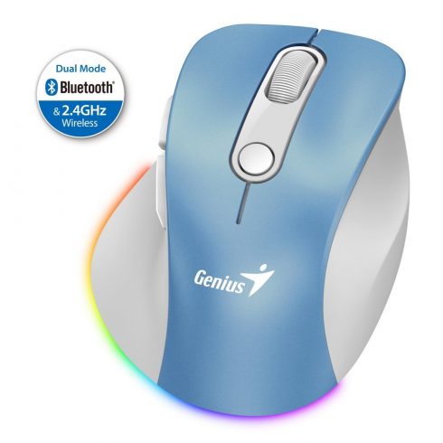 GENIUS Ergo 9000S Pro Light Blue/ dvojni Bluetooth + 2,4 GHz/ 2400 dpi/ brezžično/ 6-gumbno/ polnilno/ RGB/ modro-bela