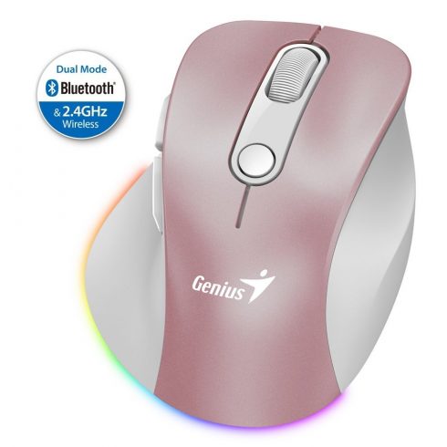 GENIUS Ergo 9000S Pro Roza/ dvojni Bluetooth + 2,4 GHz/ 2400 dpi/ brezžično/ 6-gumbno/ polnilno/ RGB/ roza