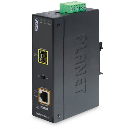 Planet IGTP-805AT Industrijski pretvornik 1x1Gb RJ45 / 1xSFP, PoE 802.3at, -40 do 75st, IP30, EFT+ESD, 12-48VDC, brez ventilatorja