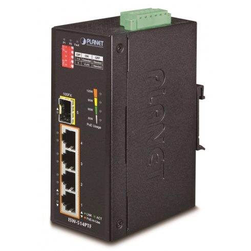 Planet ISW-514PTF, PoE stikalo 4x 10/100BaseTX+ 1x 100FX(SFP), 802.3at do 120W, DIN, IP40, -40~75°C, 12-48VDC