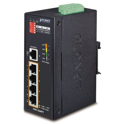 Industrijsko stikalo Planet ISW-504PT 5x RJ-45, VLAN + Extend, -40~+75°C, PoE+ 802.3af/pri 120W, 12-48VDC napajanje