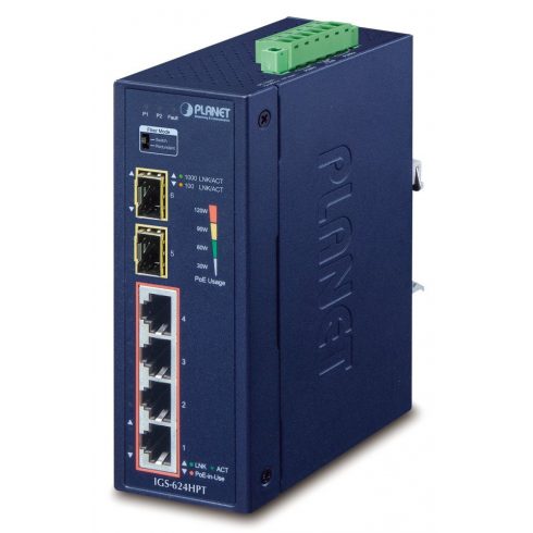 Industrijsko stikalo Planet IGS-624HPT 4x 1Gb RJ-45 + 2x 1Gb SFP, PoE+ 802.3at 36/120W, IP40, DC12-56V, -40/+75°C, brez ventilatorja