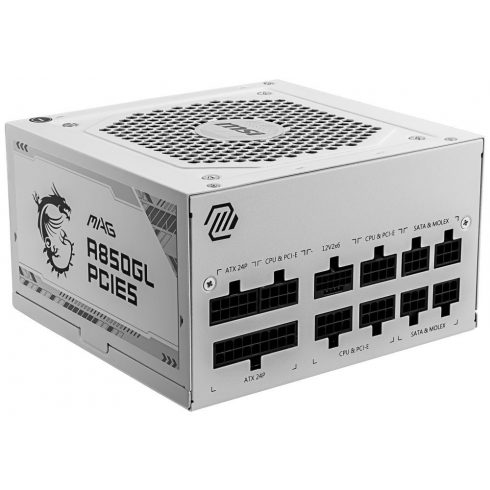 MSI vir MAG A850GL PCIE5 WHITE/ 850W/ ATX3.0/ akt. PFC/ skupaj 7 let. garancija/ 120 mm ventilator/ modularni kabli/ 80PLUS Gold