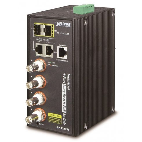 Planet LRP-422CST, industrijsko stikalo COAX PoE, 4x 100Base-TX, 2x SFP/TP, IEEE802.3at, Web/SNMPv3, -40~75°C, IP30