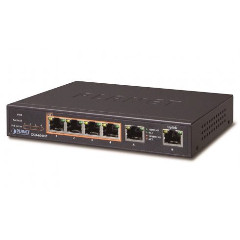 Planet GSD-604HP PoE stikalo 1Gbps, 6xTP, 4xPoE 802.3at/af 30W/55W, brez ventilatorja