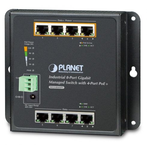 Planet WGS-804HPT ravno stikalo L2, 8x1Gb, 4x PoE 802.3at 144W, 48-54VDC, -40~75°C, IP30, brez ventilatorja