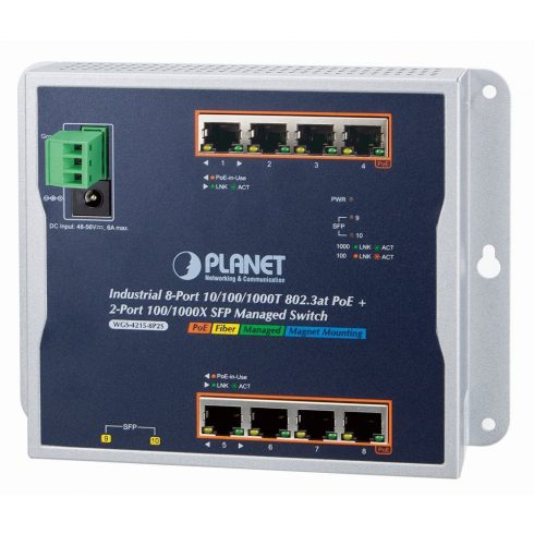 Planet WGS-4215-8P2S ravno stikalo L2/L4, 8x1Gb, 2x1Gb SFP, 8x PoE 802.3at 200W, 48-56VDC, -40~75°C, IP30, brez ventilatorja