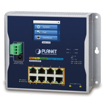   Planet WGS-5225-8P2SV ravno stikalo L3, 8x1Gb, 2x2.5Gb SFP, PoE 30/240W, 48-56VDC, -20~70°C, IP30, brez ventilatorja, LCD na dotik