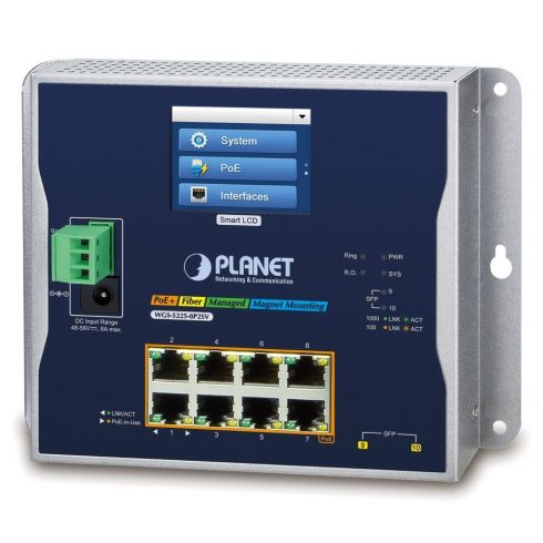 Planet WGS-5225-8P2SV ravno stikalo L3, 8x1Gb, 2x2.5Gb SFP, PoE 30/240W, 48-56VDC, -20~70°C, IP30, brez ventilatorja, LCD na dotik