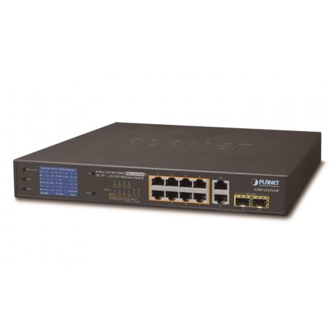 Planet GSD-1222VHP PoE stikalo, 8x PoE + 2x 1000Base-T + 2x SFP, LCD, VLAN, razširitveni način 10Mb do 250m, IEEE 802.3at 120W