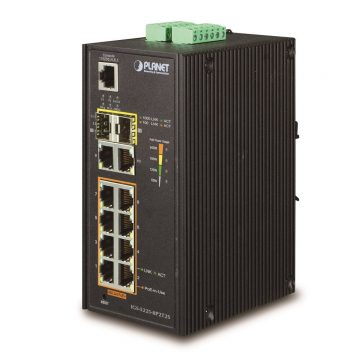   Industrijsko L3 stikalo Planet IGS-5225-8P2T2S, 8x1Gb, 2x1Gb SFP, 8x PoE 802.3 pri 240W -40~75°C, dvojno 48-54VDC, IP30