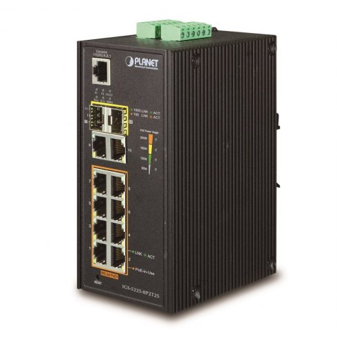 Industrijsko L3 stikalo Planet IGS-5225-8P2T2S, 8x1Gb, 2x1Gb SFP, 8x PoE 802.3 pri 240W -40~75°C, dvojno 48-54VDC, IP30