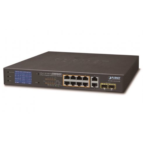 Planet FGSD-1022VHP PoE stikalo, 8x100, 2x1000-TP/SFP, LCD, VLAN, razširitveni način 10Mb do 250m, IEEE 802.3at<120W