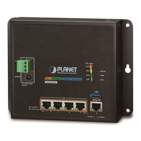 Planet WGR-500-4P, industrijski PoE usmerjevalnik, 1xWAN 1Gbps, 4xLan 1Gbps, PoE 802.3at do 120W, DIN, dvojni 48-56VDC, -10 do 60°C