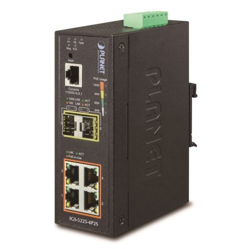 Industrijsko L3 stikalo Planet IGS-5225-4P2S, 4x1Gb, 2x1Gb SFP, 4x PoE 802.3at 144W, dvojno 48-56VDC, -40~75, IP40