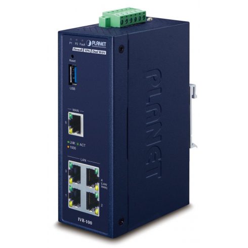 Planet IVR-100 usmerjevalnik/požarni zid VPN/VLAN/QoS, 2xWAN(SD-WAN), 3xLAN, IP30, -40 do +75°C, 9-48VDC