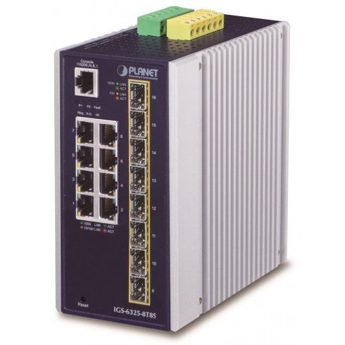 Industrijsko L3 stikalo Planet IGS-6325-8T8S, 8x1Gb, 8x2.5Gb SFP, 12-48VDC, -40~75°C, IP30, brez ventilatorja