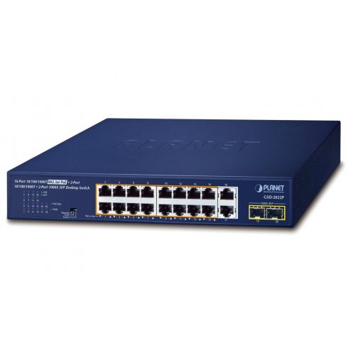 Planet PoE stikalo 18x1Gb + 2xSFP 1Gb, 16x PoE 802.3at 30/185W, VLAN, extend mode 10Mb-250m