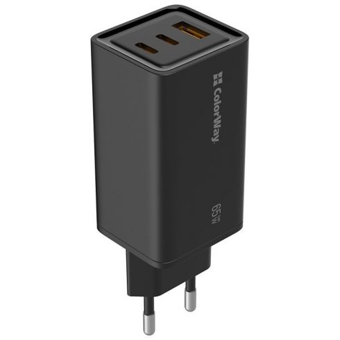 COLORWAY 1x USB in 2x USB-C/ turbo omrežni polnilec/ 65W/ 100V-240V/ Črna