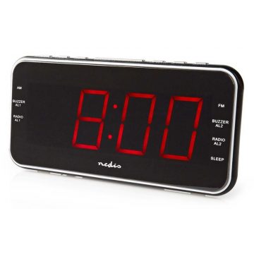   NEDIS digitalna budilka z radiem/ LED zaslon/ 3,5 mm jack/ AM/ FM/ snooze/ sleep timer/ 2 alarma/ črna