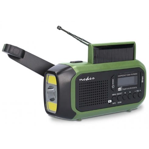 Prenosni radio za nujne primere NEDIS/ baterijsko napajanje/ iz USB-ja/ solarni panel/ DAB+ / FM/ budilka/ svetlo/ črno-zelen