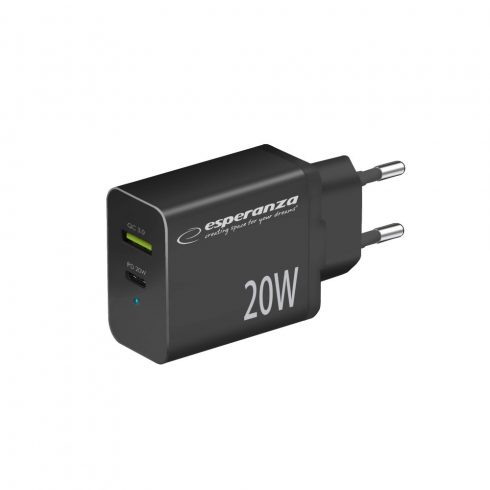 EZC105K Esperanza stenski polnilec 20w usb-c pd 20w / usb-a qc 3.0 18w črn