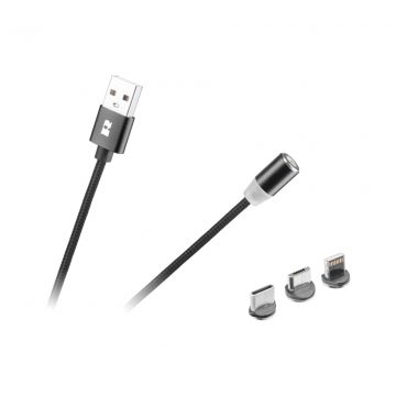   Magnetni USB kabel 3 v 1 microUSB, USB Type C, Lightning 100 cm, črn