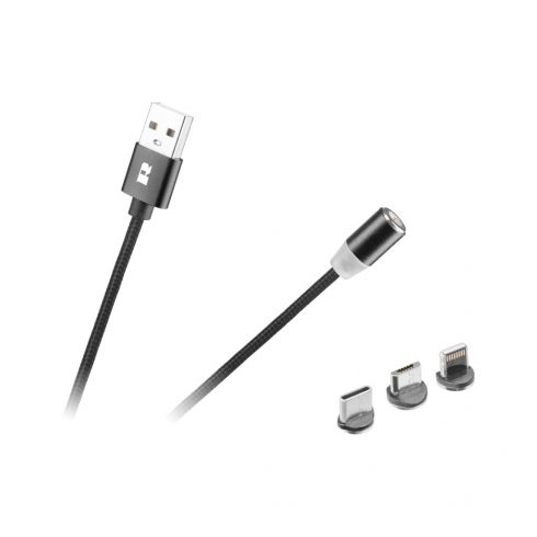 Magnetni USB kabel 3 v 1 microUSB, USB Type C, Lightning 100 cm, črn