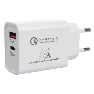   20W Maclean stenski polnilnik PD napajalnik Qualcomm Quick Charge QC 3.0 5V3A/9V2.22A/12V1.67A bela MCE485W