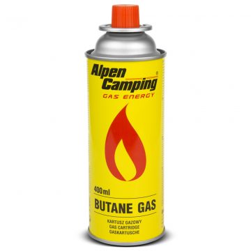   400 ml plinska kartuša Alpen Camping. Certifikat: Pi 0875, po EN417, izobutan, območje delovanja med -10°C in + 40°C, IK004