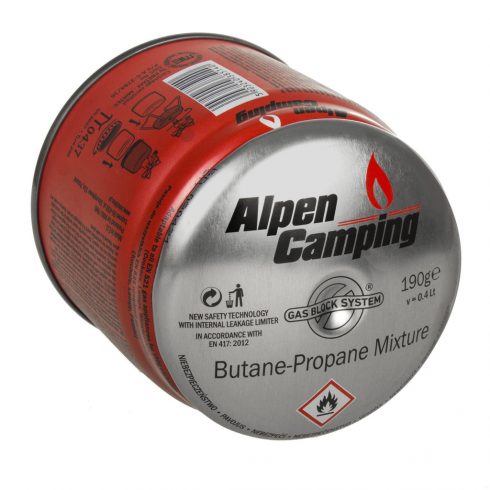 400 ml plinska kartuša Alpen Camping. Certifikat: Pi 0437, ustreza standardu EN417, propan-butan, med -10°C in + 40°C, sistem GAS S