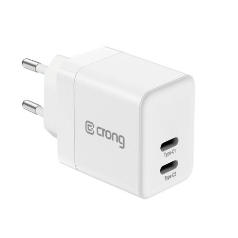 Crong Ultra Compact GaN - stenski polnilnik 2x USB-C Power Delivery 35W (bel)