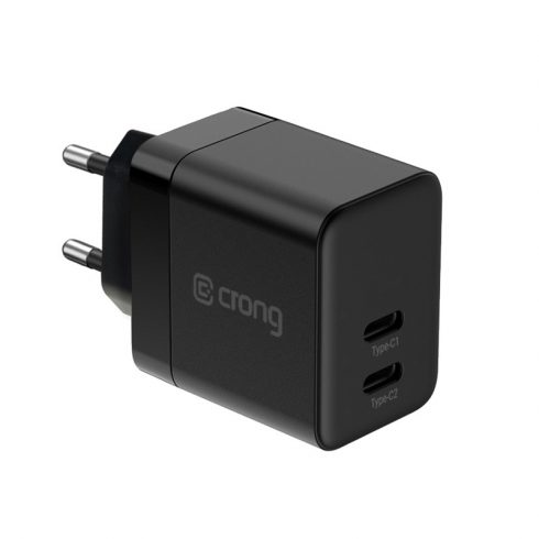 Crong Ultra Compact GaN - stenski polnilnik 2x USB-C Power Delivery 35W (črn)