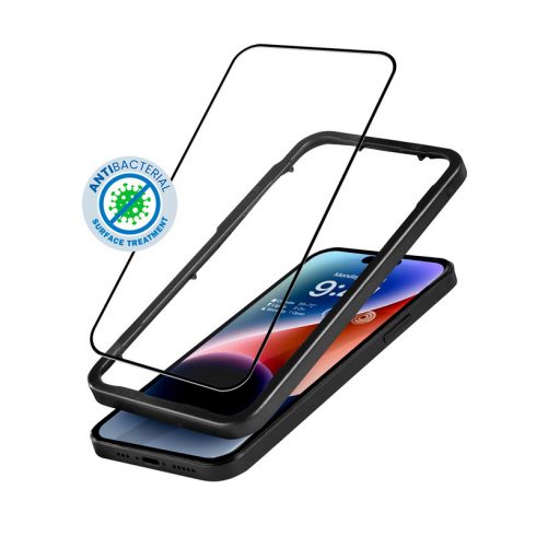 Crong Anti-Bacterial 3D Armor Glass - 9H kaljeno steklo za celoten zaslon iPhone 14 Pro + namestitveni okvir