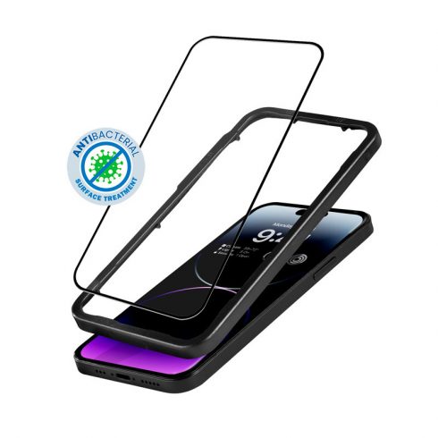 Crong Anti-Bacterial 3D Armor Glass - 9H kaljeno steklo za celoten zaslon iPhone 14 Pro Max + namestitveni okvir