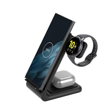   Crong PowerSpot Pivot Stand - brezžični polnilec 3 v 1 za slušalke Samsung & Android, Galaxy Watch in TWS (črn)