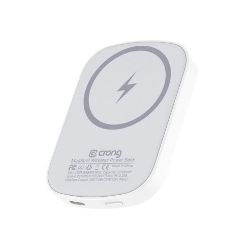 Crong MagSpot Power Bank - Brezžična ultra tanka napajalna banka z MagSafe 5000mAh, USB-C 20W PD (bela)