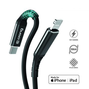   Crong Armor Link - pleteni kabel USB-C na Lightning MFi 150 cm (črn)