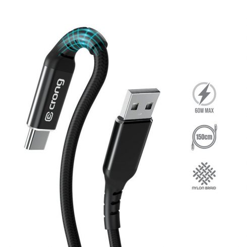 Crong Armor Link - USB-C v USB-A 60 W pleteni kabel Power Delivery Fast Charging 150 cm (črn)