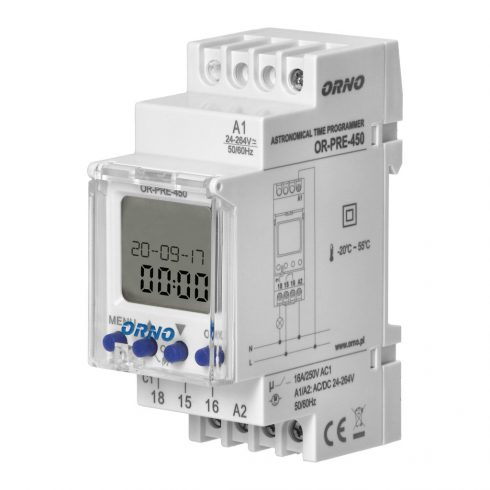 Elektronski astronomski in časovni programator, 52 programov, 3 jeziki menijev, 1 relejni izhod max 16A/230V, širina 2 modula, DIN TH-35mm