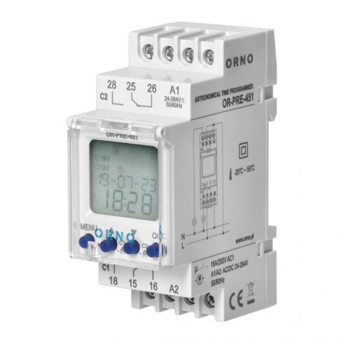 Elektronski astronomski in časovni programator, 100 programov, 3 jeziki menijev, 2 relejna izhoda max 16A/230V, širina 2 modula, DIN TH-35mm