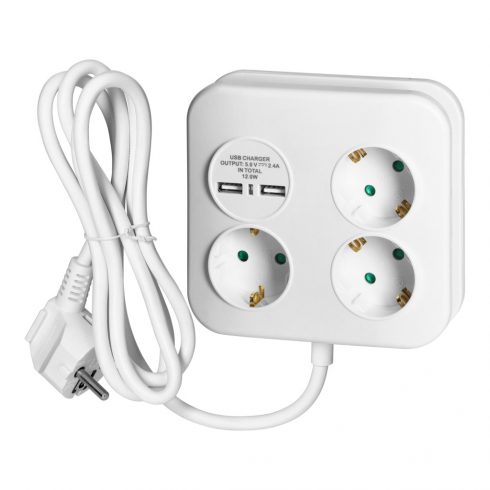 Kvadratni razdelilnik z USB polnilnikom 3x2P+Z (Schuko), 2xUSB-A, kabel 3x1,5mm2, 1,4m