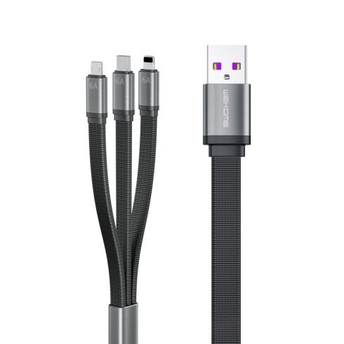 WEKOME WDC-157 King Kong 2. generacije - 3-v-1 USB-A v Lightning + USB-C + Micro USB 6A za hitro polnjenje 1,3 m povezovalni kabel (črn)